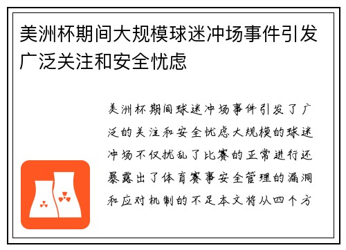 美洲杯期间大规模球迷冲场事件引发广泛关注和安全忧虑 美洲杯期间大规模球迷冲场事件引发广泛关注和安全忧虑